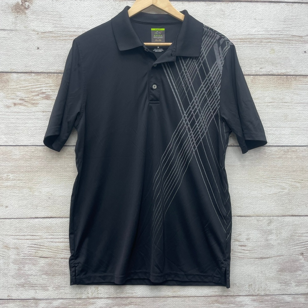 Greg Norman Tasso Ella‎ Medium Black graphic striped Golf Polo Shirt Slim fit